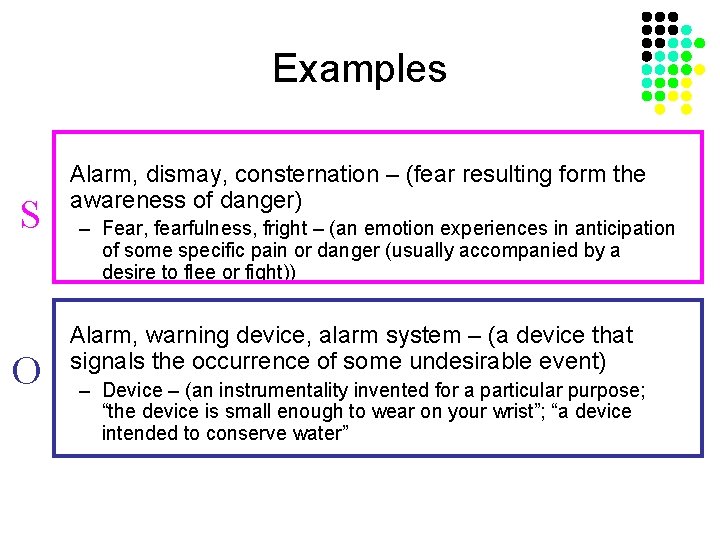 Examples S O Alarm, dismay, consternation – (fear resulting form the awareness of danger)