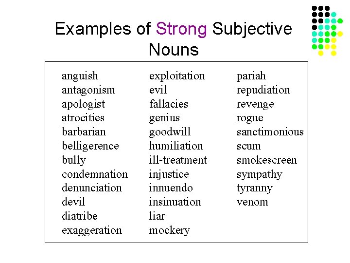 Examples of Strong Subjective Nouns anguish antagonism apologist atrocities barbarian belligerence bully condemnation denunciation