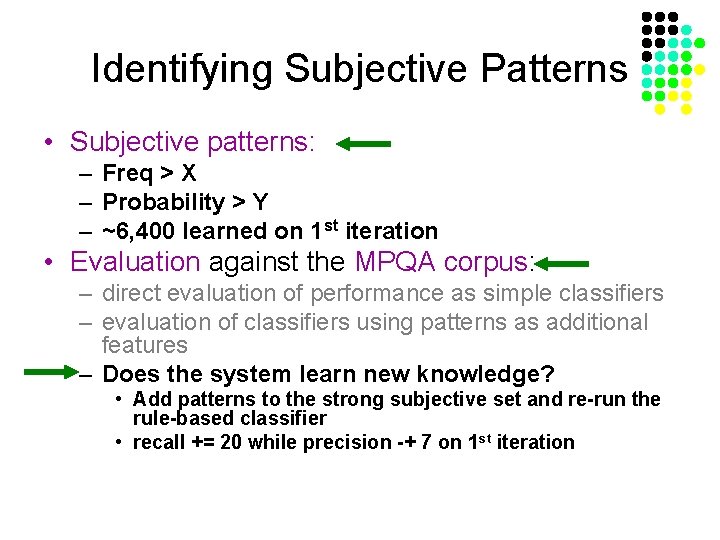 Identifying Subjective Patterns • Subjective patterns: – Freq > X – Probability > Y