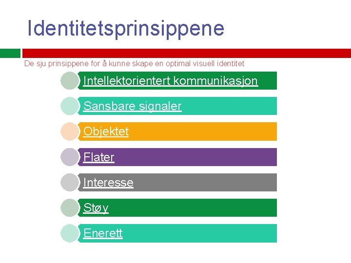 Identitetsprinsippene De sju prinsippene for å kunne skape en optimal visuell identitet Intellektorientert kommunikasjon