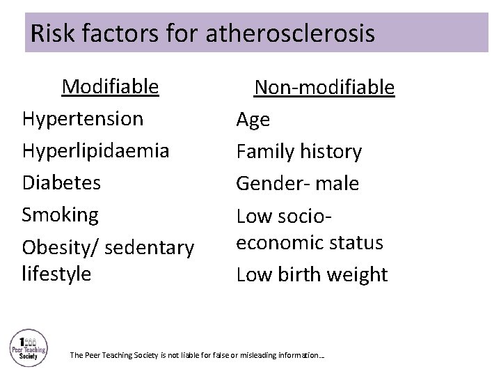 Risk factors for atherosclerosis Modifiable Hypertension Hyperlipidaemia Diabetes Smoking Obesity/ sedentary lifestyle Non-modifiable Age