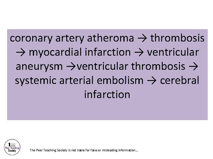 coronary artery atheroma → thrombosis → myocardial infarction → ventricular aneurysm →ventricular thrombosis →