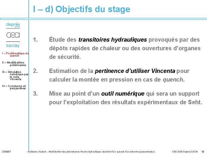 I – d) Objectifs du stage 1. Étude des transitoires hydrauliques provoqués par des
