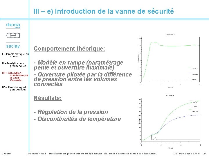 III – e) Introduction de la vanne de sécurité Comportement théorique: I – Problématique