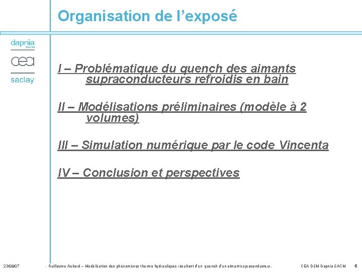 Organisation de l’exposé I – Problématique du quench des aimants supraconducteurs refroidis en bain