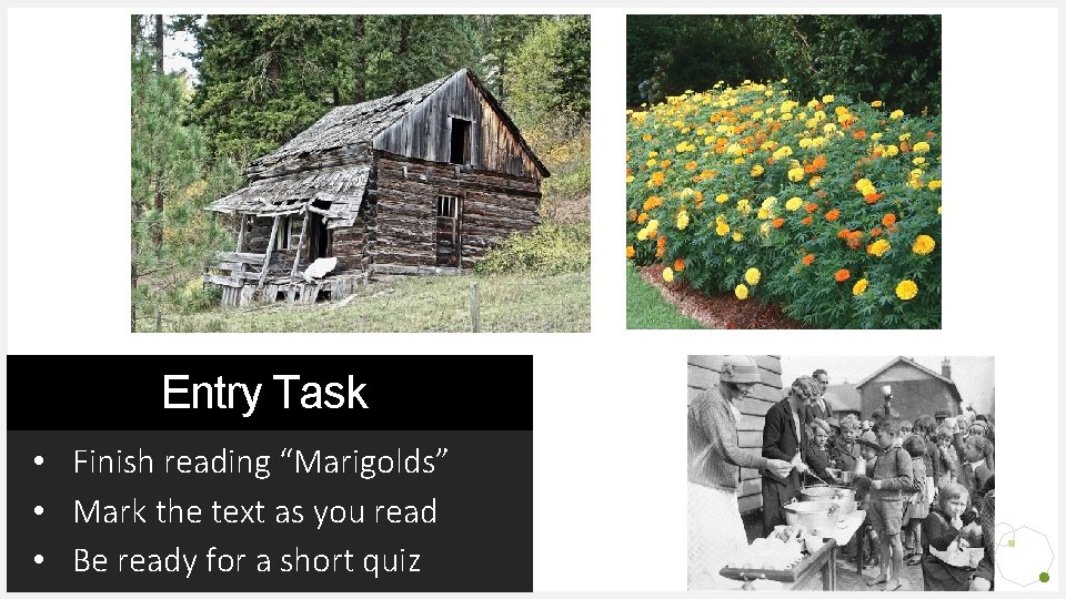 Entry Task • Finish reading “Marigolds” • Mark the text as you read •