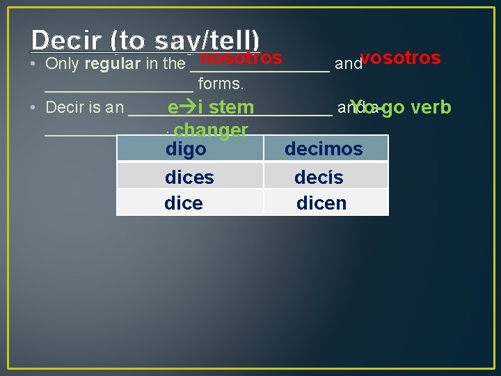 Decir (to say/tell) nosotros • Only regular in the ________ andvosotros ________ forms. •