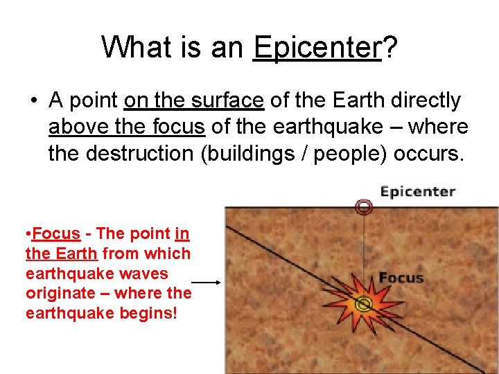 What is an Epicenter? • A point on the surface of the Earth directly