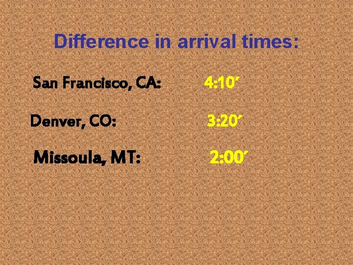 Difference in arrival times: San Francisco, CA: 4: 10´ Denver, CO: 3: 20´ Missoula,