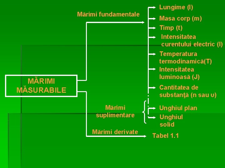 Mărimi fundamentale Lungime (l) Masa corp (m) Timp (t) Intensitatea curentului electric (I) Temperatura Mărimi fundamentale Lungime (l) Masa corp (m) Timp (t) Intensitatea curentului electric (I) Temperatura