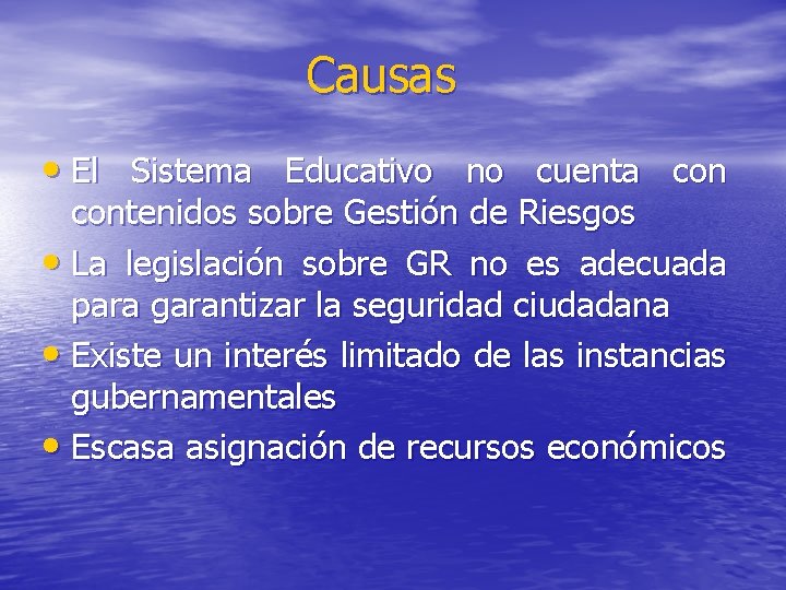 Causas • El Sistema Educativo no cuenta contenidos sobre Gestión de Riesgos • La