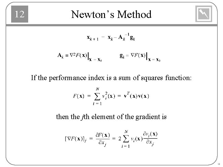 12 Newton’s Method If the performance index is a sum of squares function: then