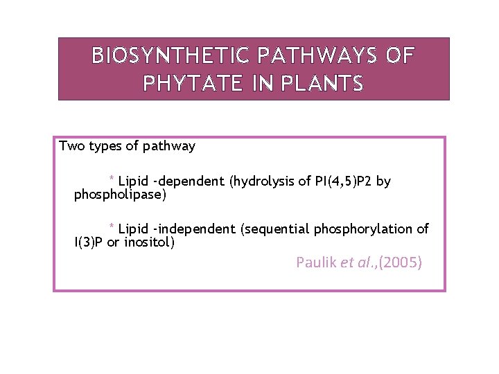 BIOSYNTHETIC PATHWAYS OF PHYTATE IN PLANTS Two types of pathway * Lipid -dependent (hydrolysis