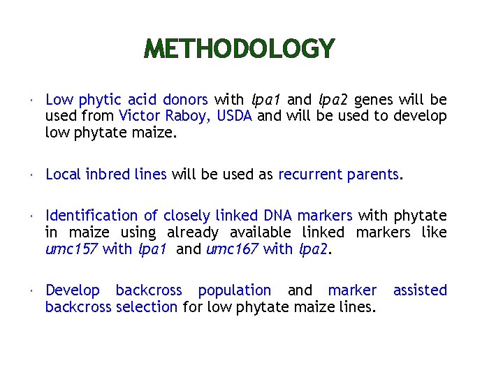 METHODOLOGY Low phytic acid donors with lpa 1 and lpa 2 genes will be