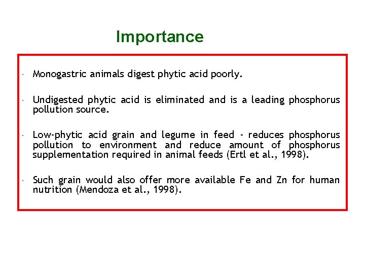 Importance Monogastric animals digest phytic acid poorly. Undigested phytic acid is eliminated and is
