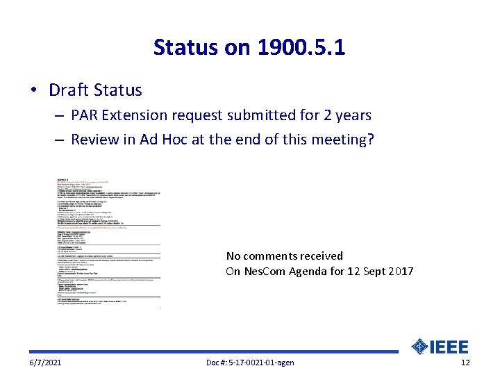 Status on 1900. 5. 1 • Draft Status – PAR Extension request submitted for