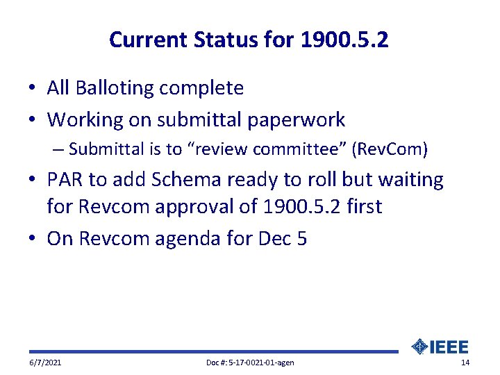 Current Status for 1900. 5. 2 • All Balloting complete • Working on submittal