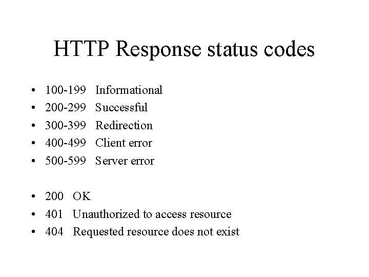 HTTP Response status codes • • • 100 -199 200 -299 300 -399 400