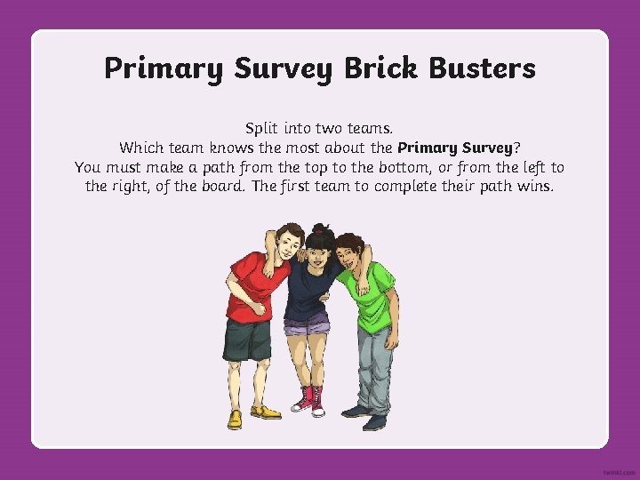 Primary Survey Brick Busters Split into two teams. Which team knows the most about