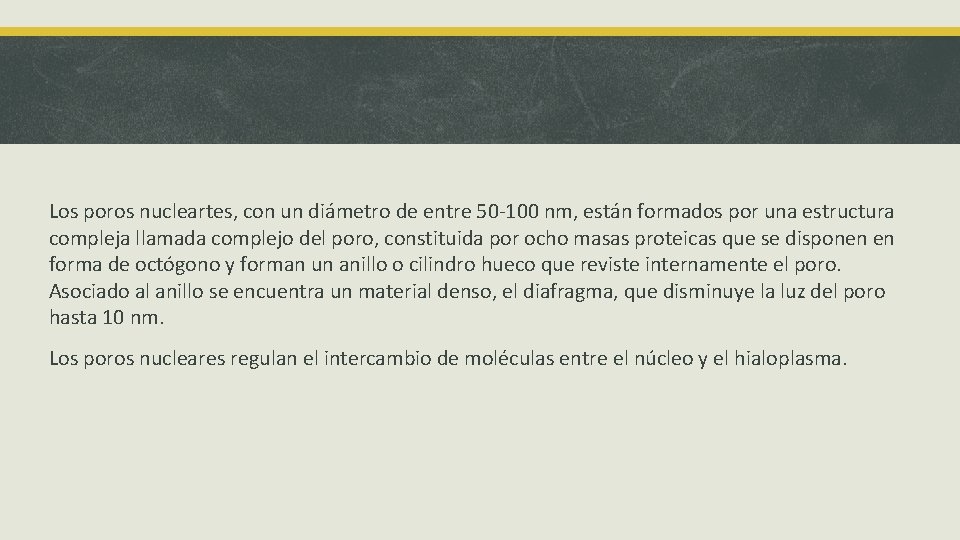 Los poros nucleartes, con un diámetro de entre 50 -100 nm, están formados por