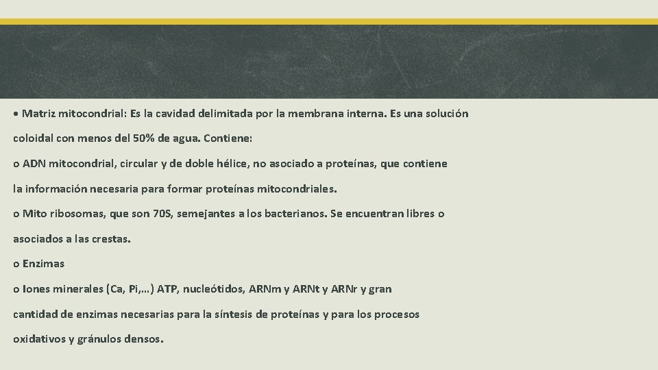  • Matriz mitocondrial: Es la cavidad delimitada por la membrana interna. Es una