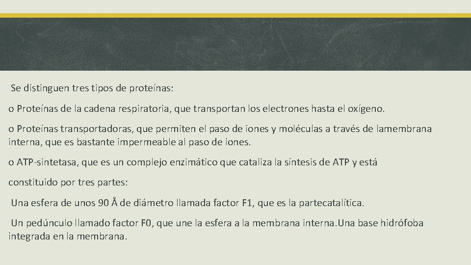Se distinguen tres tipos de proteínas: o Proteínas de la cadena respiratoria, que transportan