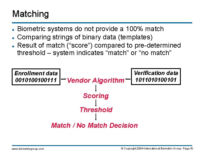Matching l l l Biometric systems do not provide a 100% match Comparing strings