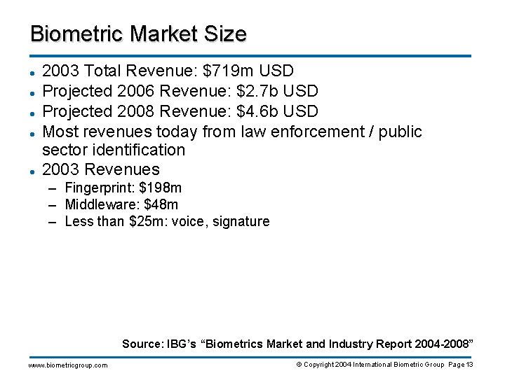 Biometric Market Size l l l 2003 Total Revenue: $719 m USD Projected 2006