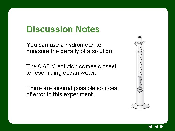 Discussion Notes You can use a hydrometer to measure the density of a solution.