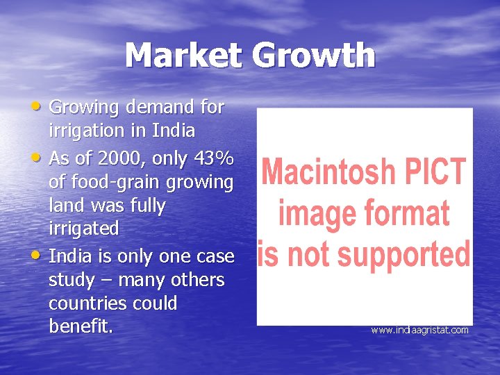 Market Growth • Growing demand for • • irrigation in India As of 2000,