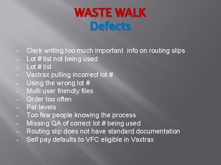 WASTE WALK Defects • • • Clerk writing too much important info on routing