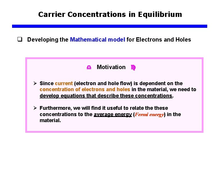 Carrier Concentrations in Equilibrium q Developing the Mathematical model for Electrons and Holes Motivation