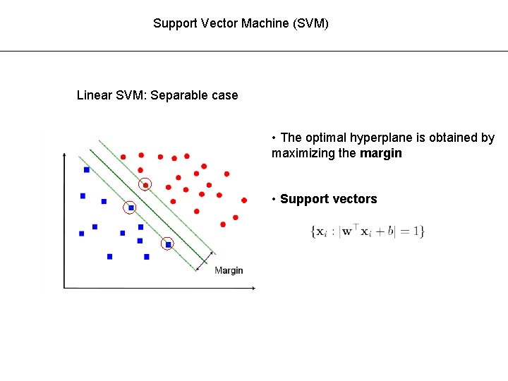 Support Vector Machine (SVM) Linear SVM: Separable case • The optimal hyperplane is obtained