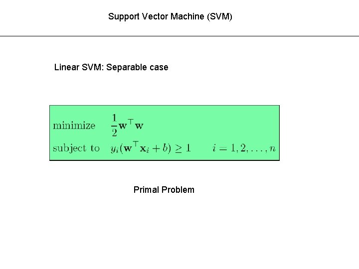 Support Vector Machine (SVM) Linear SVM: Separable case Primal Problem 