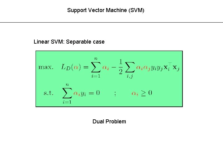 Support Vector Machine (SVM) Linear SVM: Separable case Dual Problem 