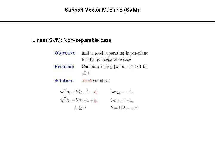 Support Vector Machine (SVM) Linear SVM: Non-separable case 
