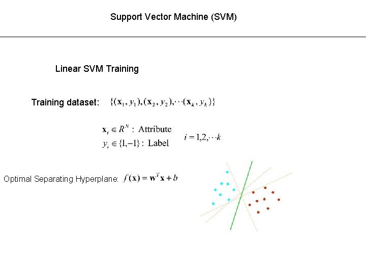 Support Vector Machine (SVM) Linear SVM Training dataset: Optimal Separating Hyperplane: 