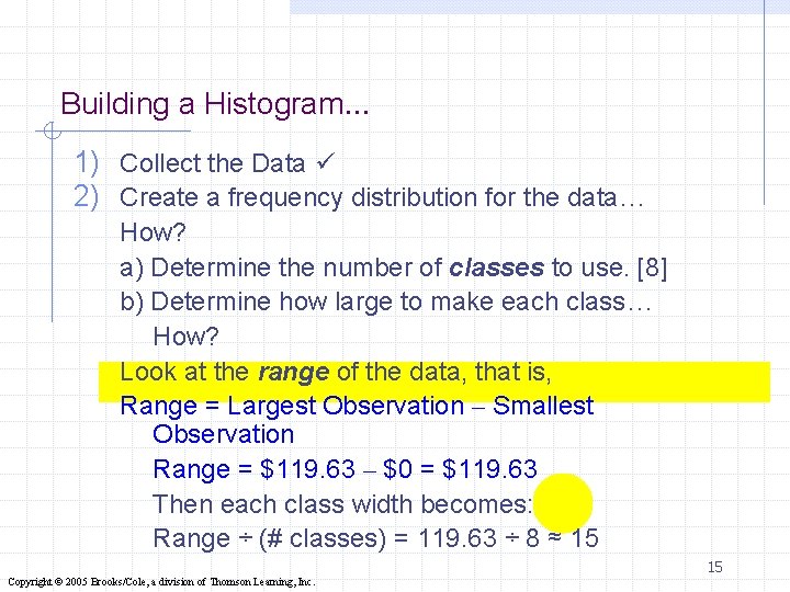Building a Histogram… 1) Collect the Data 2) Create a frequency distribution for the