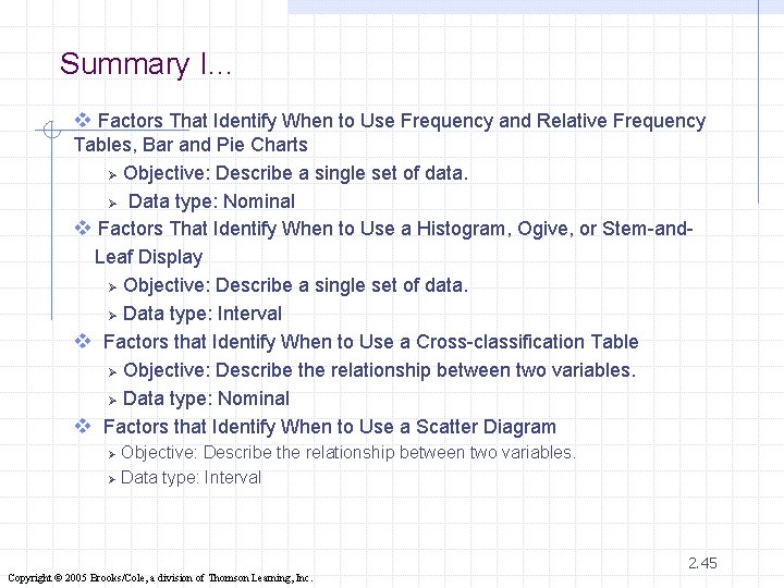 Summary I… v Factors That Identify When to Use Frequency and Relative Frequency Tables,