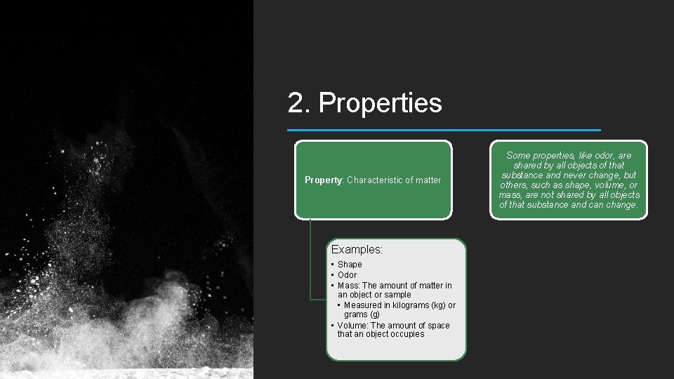 2. Properties Property: Characteristic of matter Examples: • Shape • Odor • Mass: The