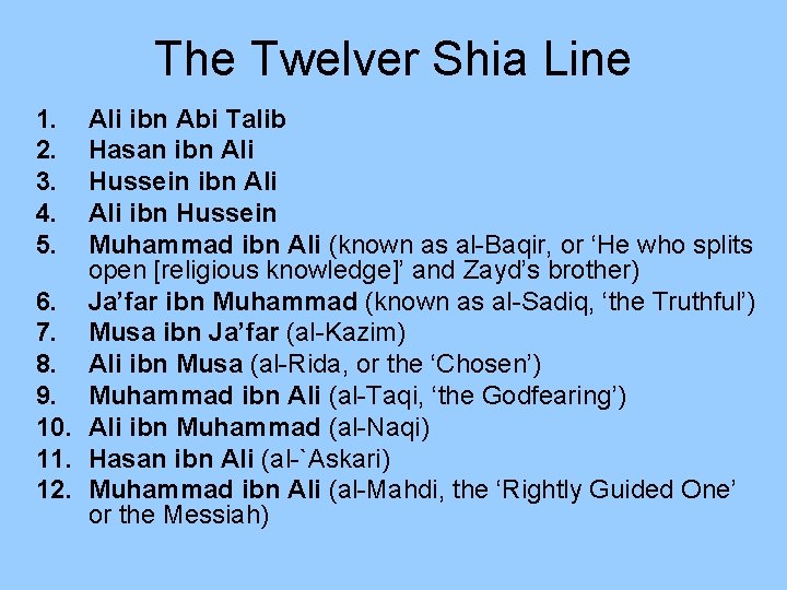 The Twelver Shia Line 1. 2. 3. 4. 5. Ali ibn Abi Talib Hasan
