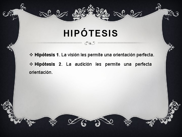 HIPÓTESIS v Hipótesis 1. La visión les permite una orientación perfecta. v Hipótesis 2.