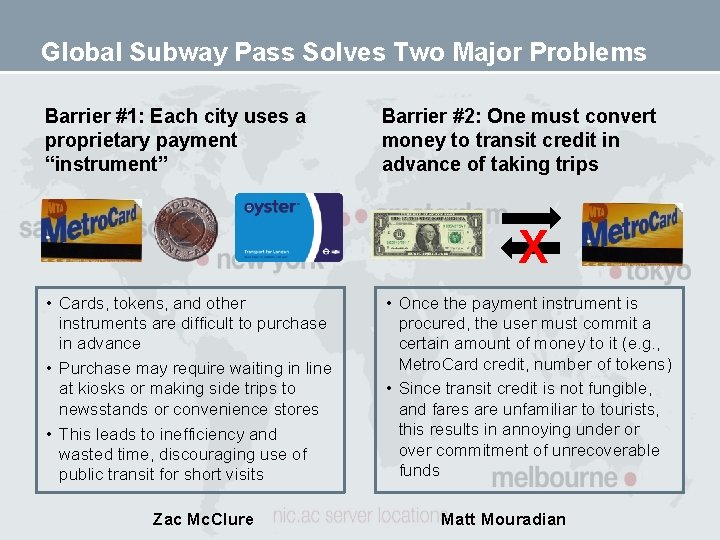 Global Subway Pass Solves Two Major Problems Barrier #1: Each city uses a proprietary