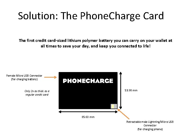 Solution: The Phone. Charge Card The first credit card-sized lithium polymer battery you can