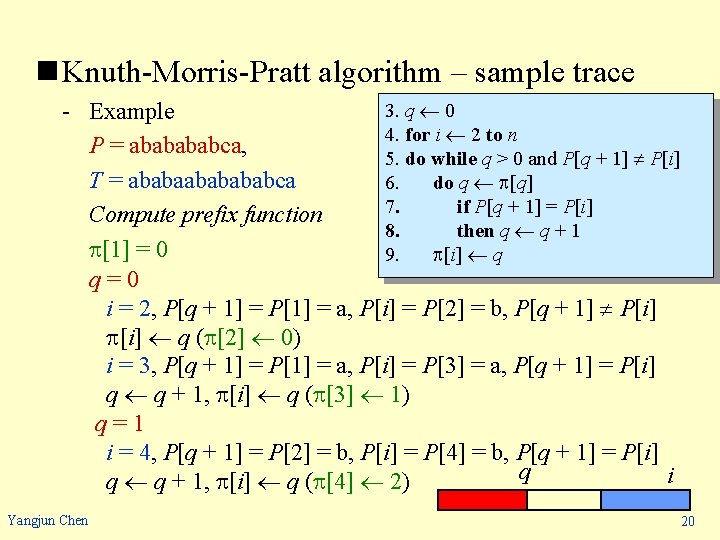 n Knuth-Morris-Pratt algorithm – sample trace 3. q 0 - Example 4. for i