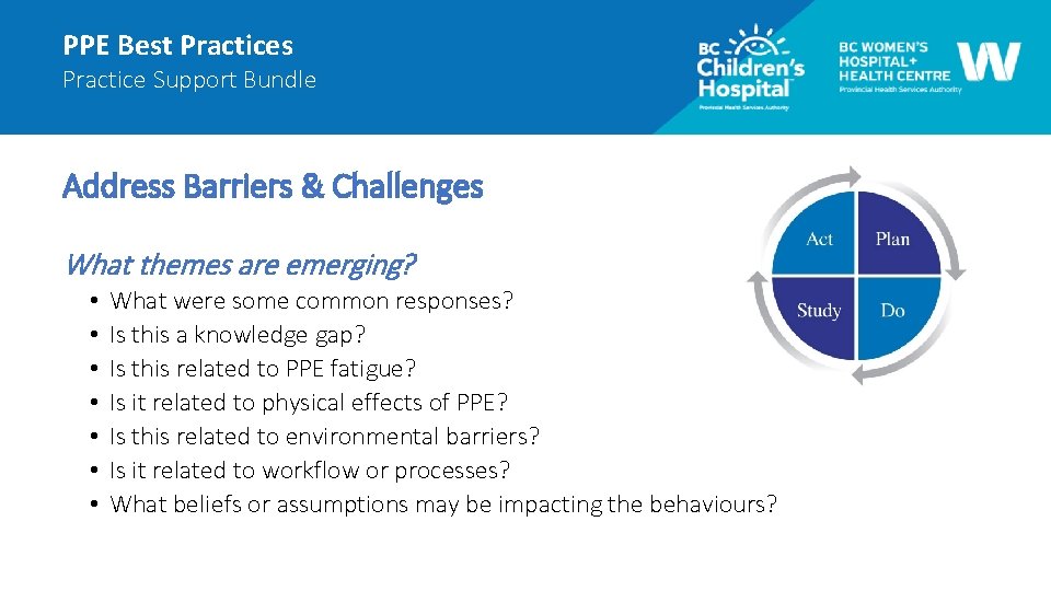 PPE Best Practices Practice Support Bundle Address Barriers & Challenges What themes are emerging?
