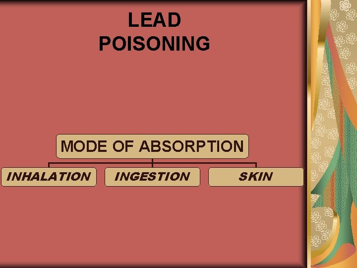 LEAD POISONING MODE OF ABSORPTION INHALATION INGESTION SKIN 