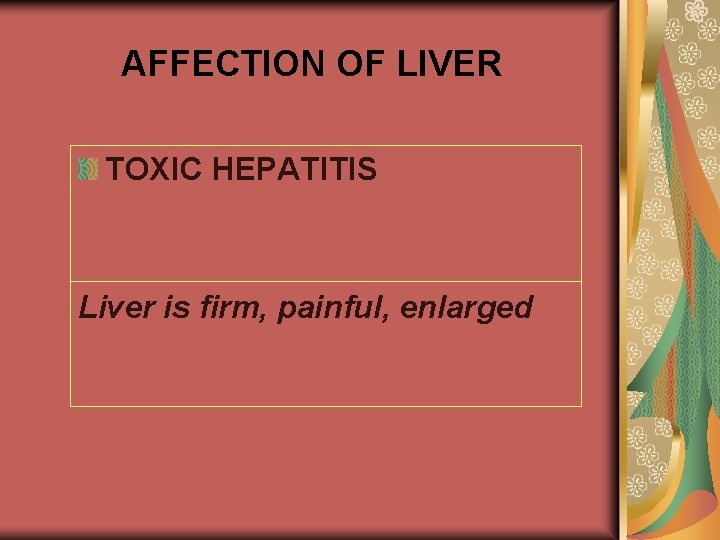 AFFECTION OF LIVER TOXIC HEPATITIS Liver is firm, painful, enlarged 