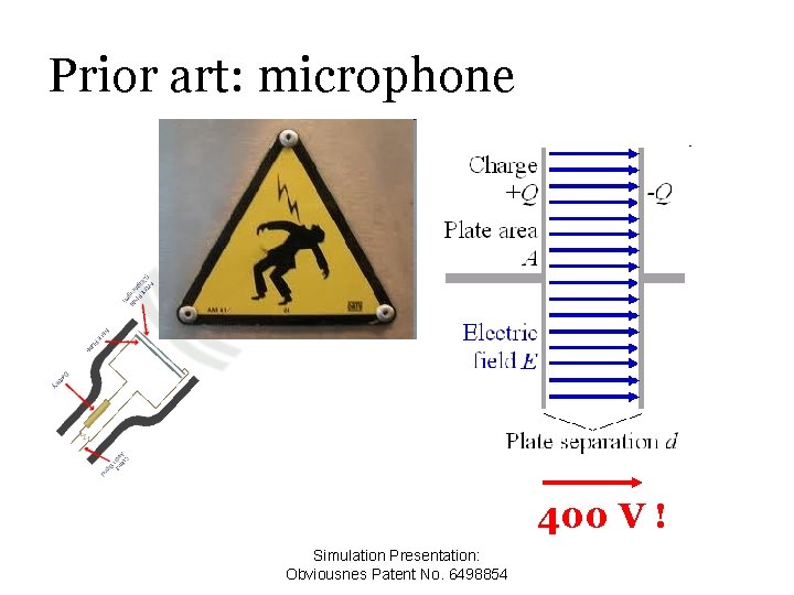 Prior art: microphone 400 V ! Simulation Presentation: Obviousnes Patent No. 6498854 