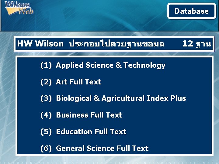 Database HW Wilson ประกอบไปดวยฐานขอมล 12 ฐาน (1) Applied Science & Technology (2) Art Full